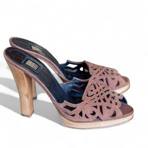BIBA Brown Laser Cut Wood Platform Mules — Size 39 — New Without Box